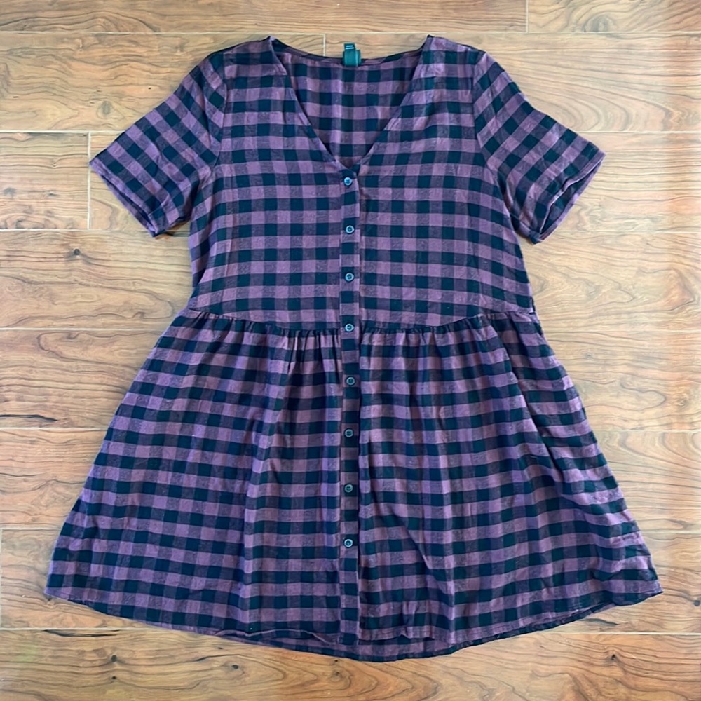 Wild Fable Purple and Black Gingham Pattern Short Sleeve Smocked Dress